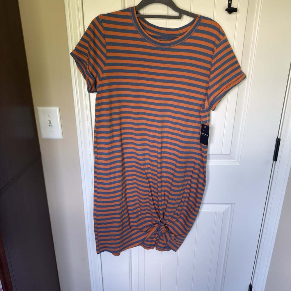 Lucky Brand‎ Women's Blue Orange Striped Dress Size L Cotton Modal Knotted Hem